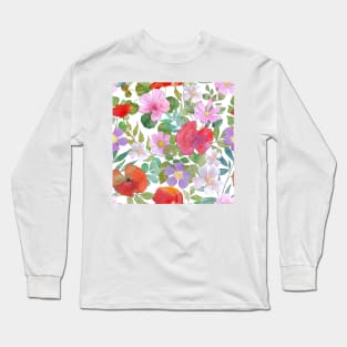 Spring various flowers and leaves watercolor botanical print. Poppies, daisy, rose flowers blossom. Different wildflowers. Long Sleeve T-Shirt